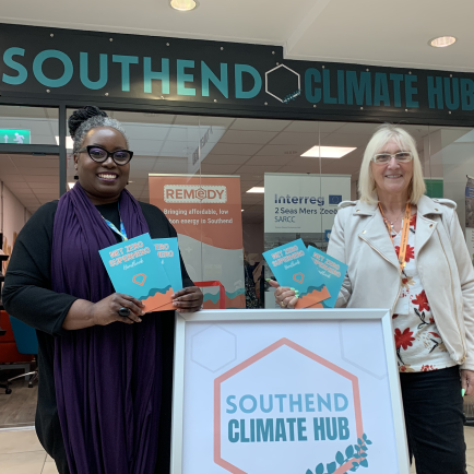 Jo Gay and Cllr Mulroney standing in front of the new Climate Hub.