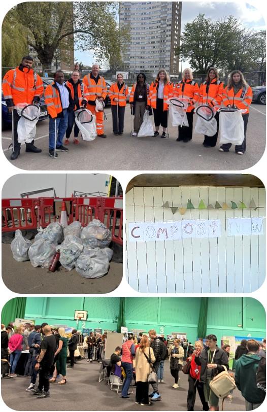 Photos of council staff at events for Earth Day. image shows group photos and photo of bin bags filled in staff litter pick